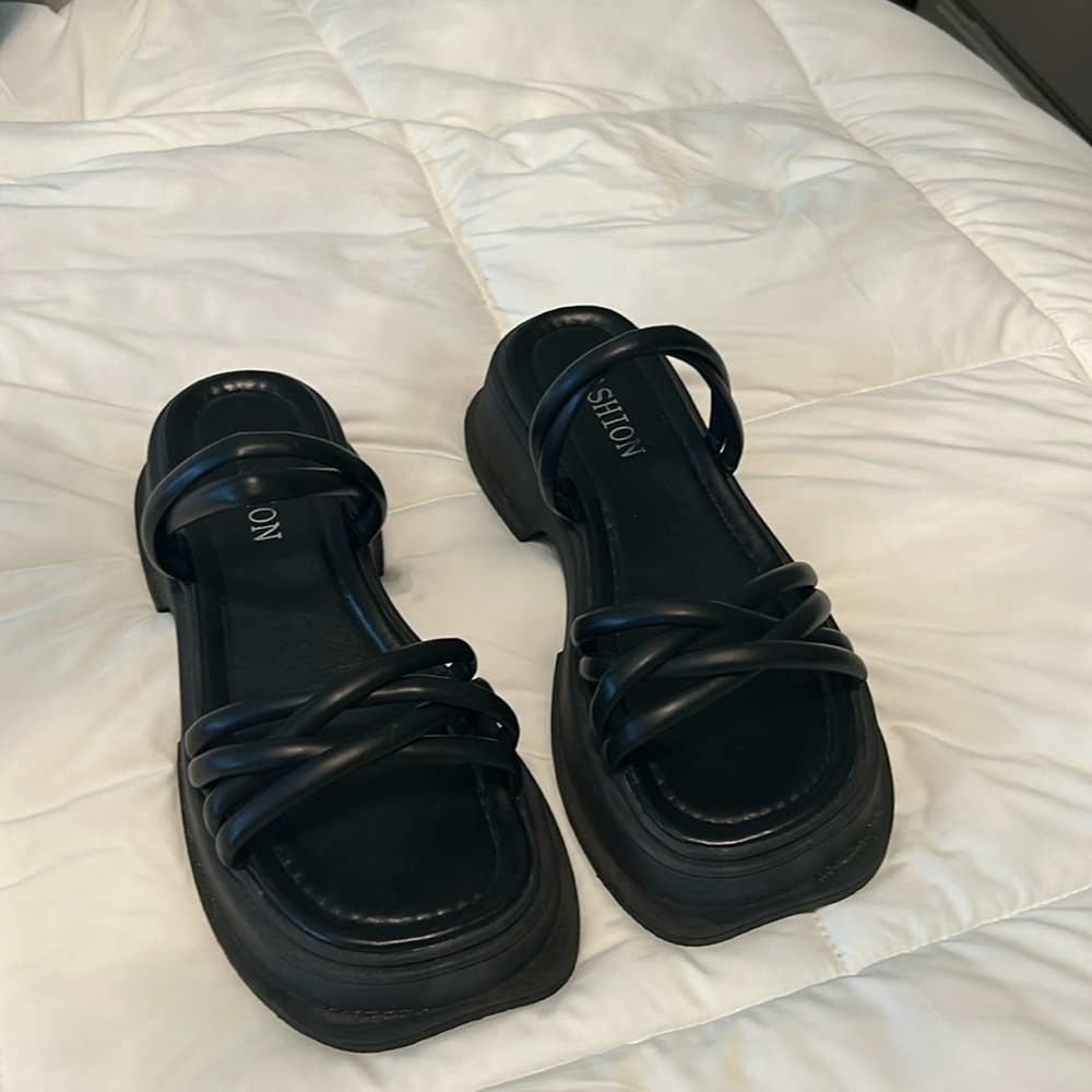 black adjustable low platform sandals